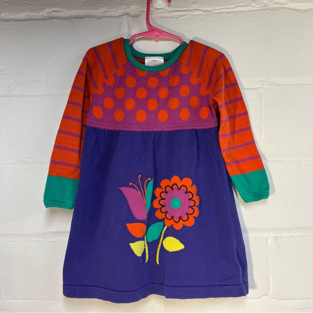 Hannah Andersson Girls Sweater Dress Purple, Orange Pink, flowers 3T